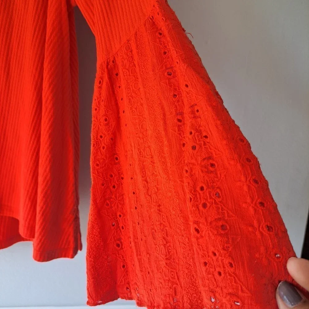Free People Bright Orange Bell Sleeve V-Neck Top